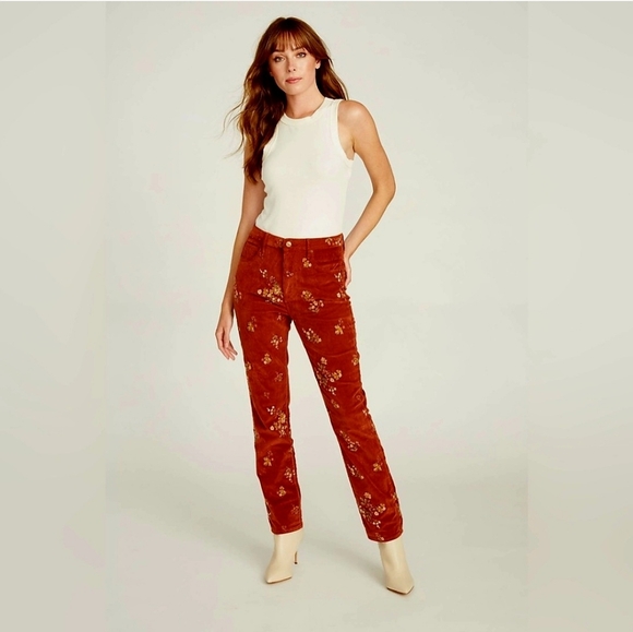 DRIFTWOOD Pants - Free People Driftwood Stella Pants Embroidered Floral Velour Straight Leg 29X30